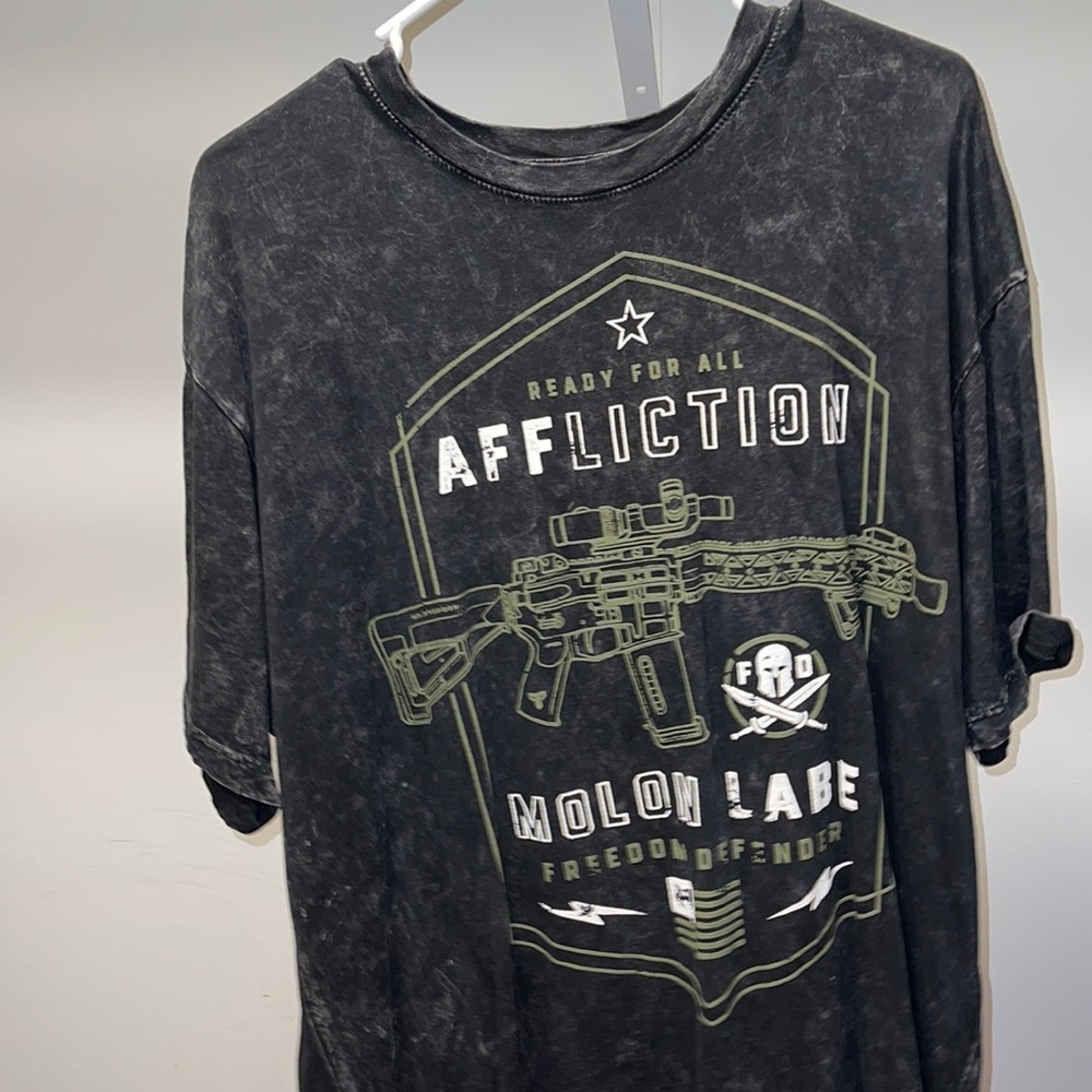 black/grey affliction shirt